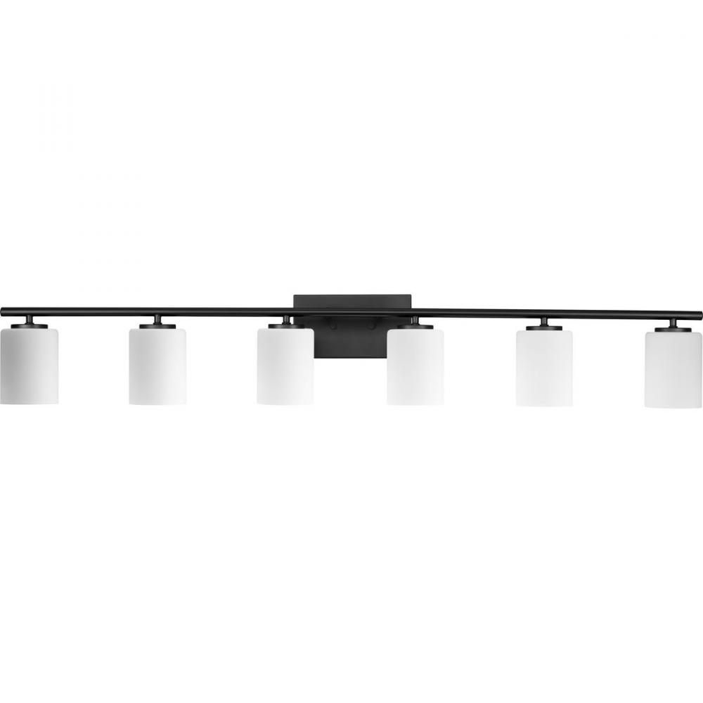 Replay Collection Six-Light Traditional Textured Black Etched White Glass Bath Vanity Light