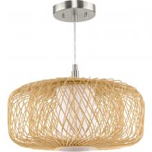 Progress P500396-201 - Cordova Collection Medium One-Light Natural Rattan Organic Modern Pendant with White Linen Shade